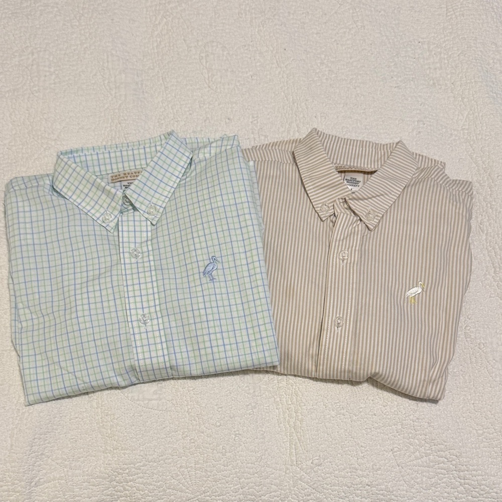 EUC Set of 2 TBBC Boys Checkered and Tan Striped Shirts Size 6